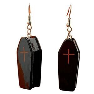 Spooky Scary Goth Cross Coffin Drop Earrings - Black & Red